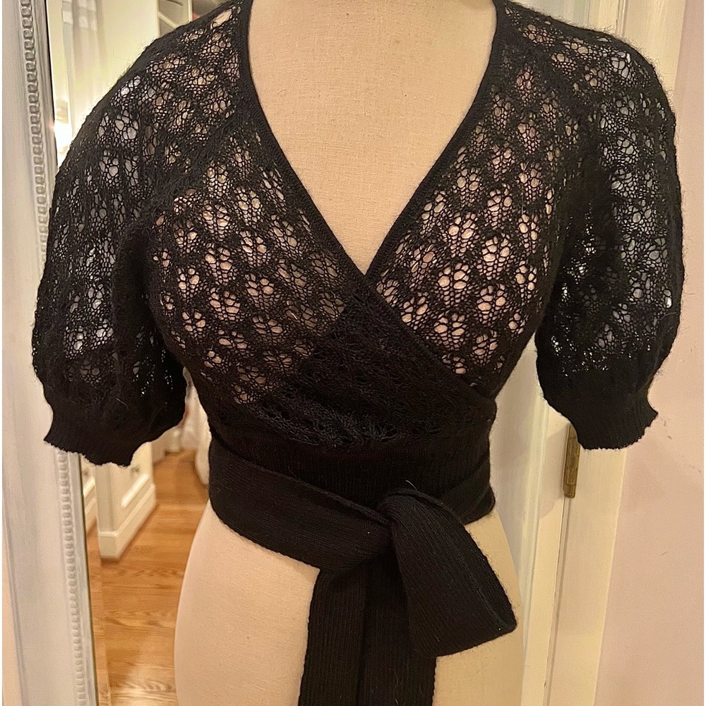 Black alpaca wrap sweater with intricate knit, Catherine malandrino.